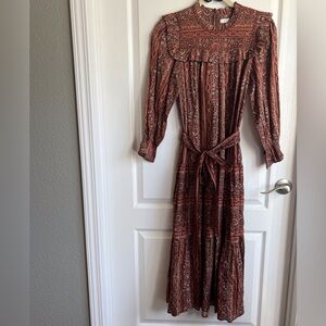 Doen Mountain Dress Floral Printed Ruffle Cotton Round Neck Long Sleeve Maxi S